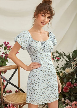 blue floral puff mini dress brookie shein