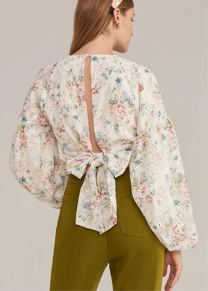 eyelet beige floral pastel balloon sleeve bow back top blouse brookie shein