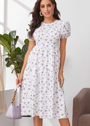 white floral purple puff sleeve midi dress brookie shein