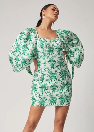 green white jacquard puff sleeve mini dress nye brookie shein