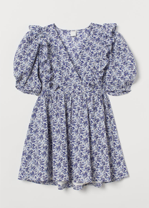 blue white floral puff sleeve mini dress h&m brookie