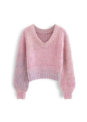 ombre purple pink v neck chunky knit sweater chicwish brookie