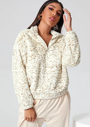 white beige leopard cheetal teddy jacket half zip coat shein brookie