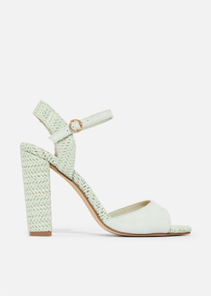 mint green jute straw rattan block heel justfab brookie